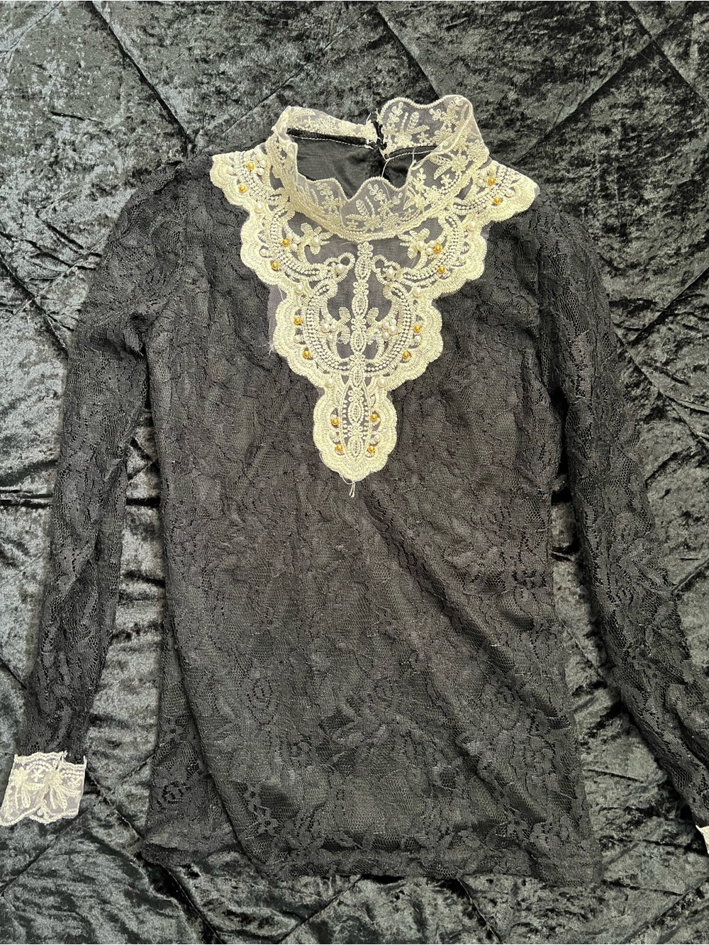 Black Victorian Lace Long-Sleeve Dress with Ivory Lace Bib Detail